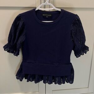 ENGLISH FACTORY Navy Blue Eyelet Short-Sleeved Sweater Women's S (fits small)